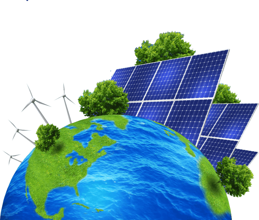 Renewable energy earth with solar panels and wind turbines