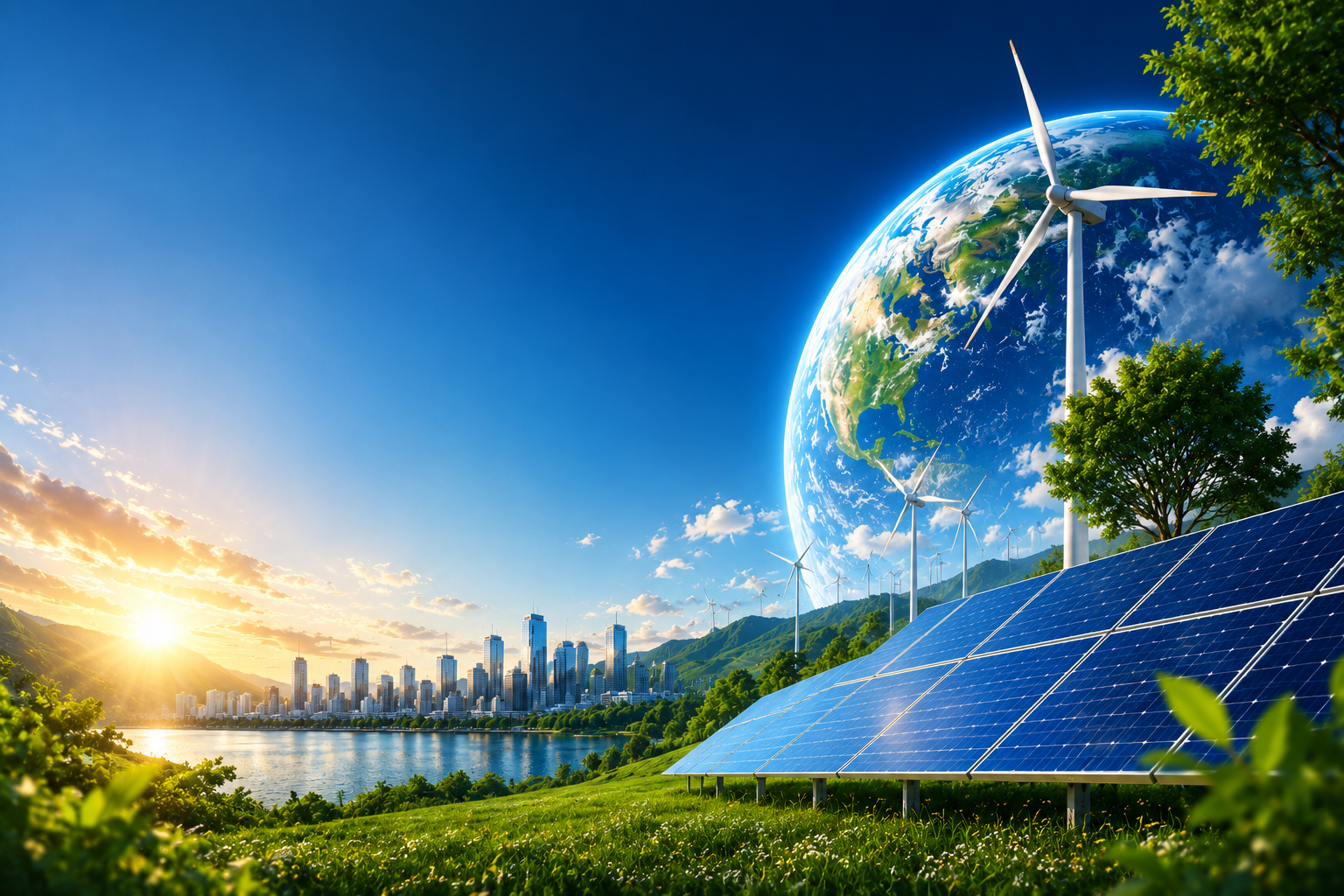 Clean energy landscape with solar panels and wind turbine