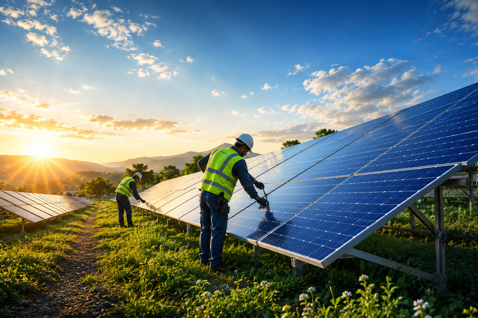 Solar panels with clean energy city landscape